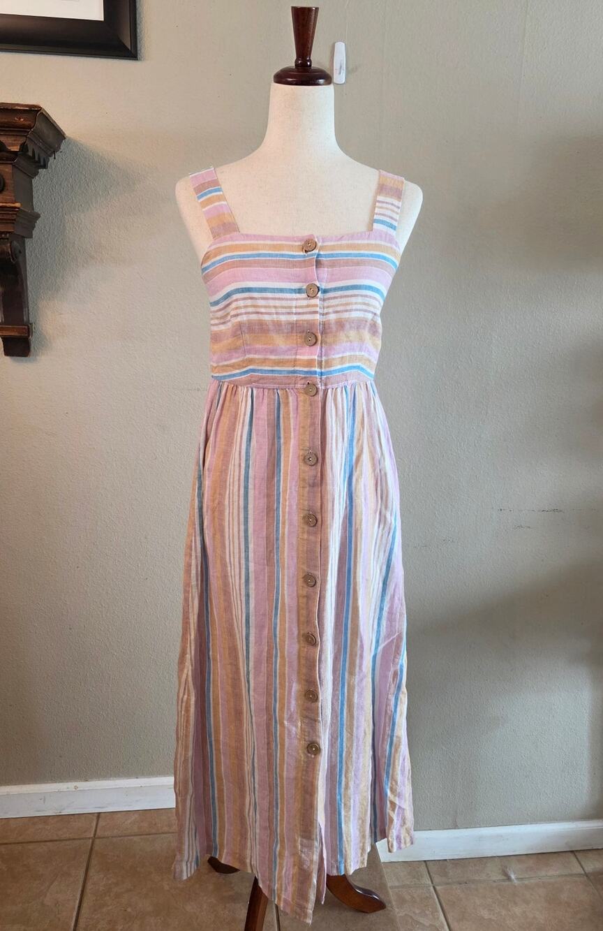 C&C California 100% Linen Striped Maxi Dress SZ 4 Coastal Beach Vacation